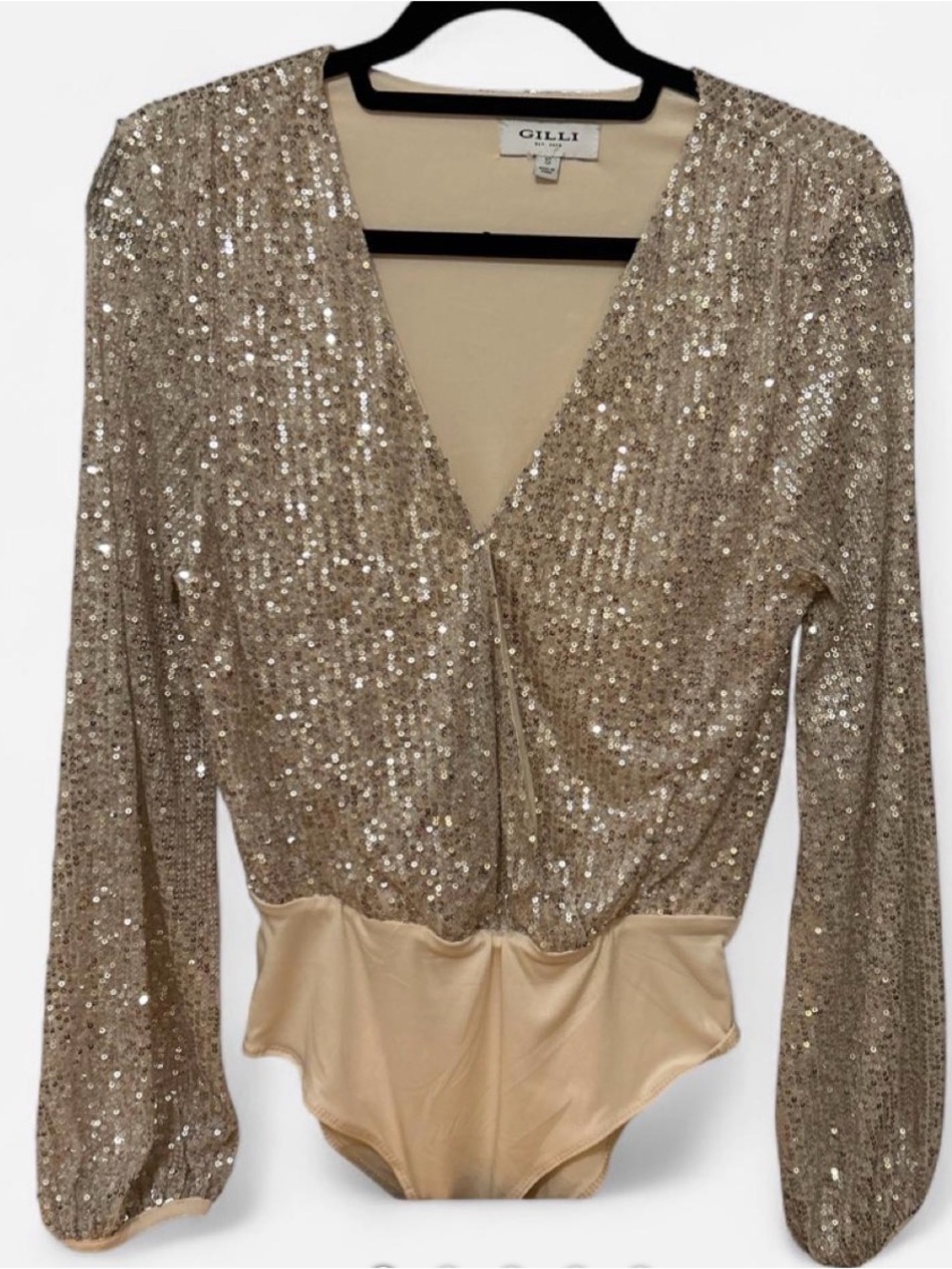 Gilli Champagne Sequin Long-Sleeve V-Neck Bodysuit